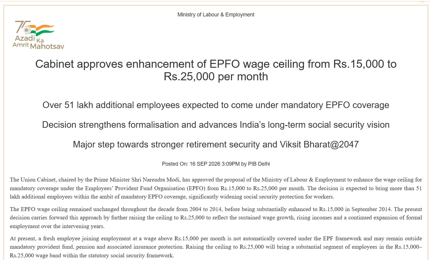 EPFO wage ceiling raised from Rs. 15,000 to Rs. 25,000 in 2026